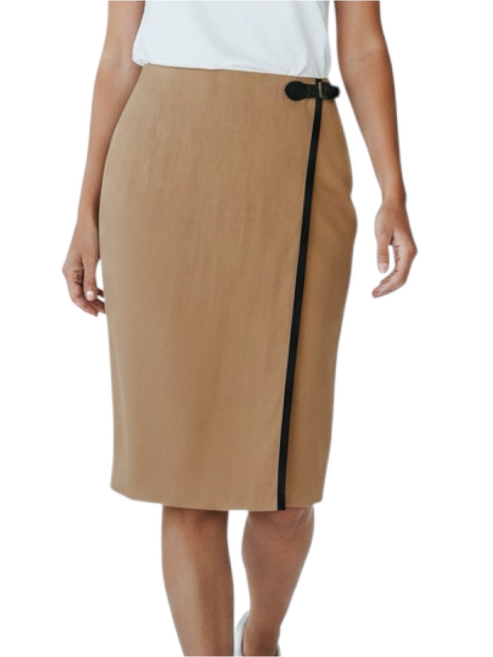 Lauren Ralph Lauren Linen Wrap Skirt Camel Tan Midi Leather Adjustable Buckle S